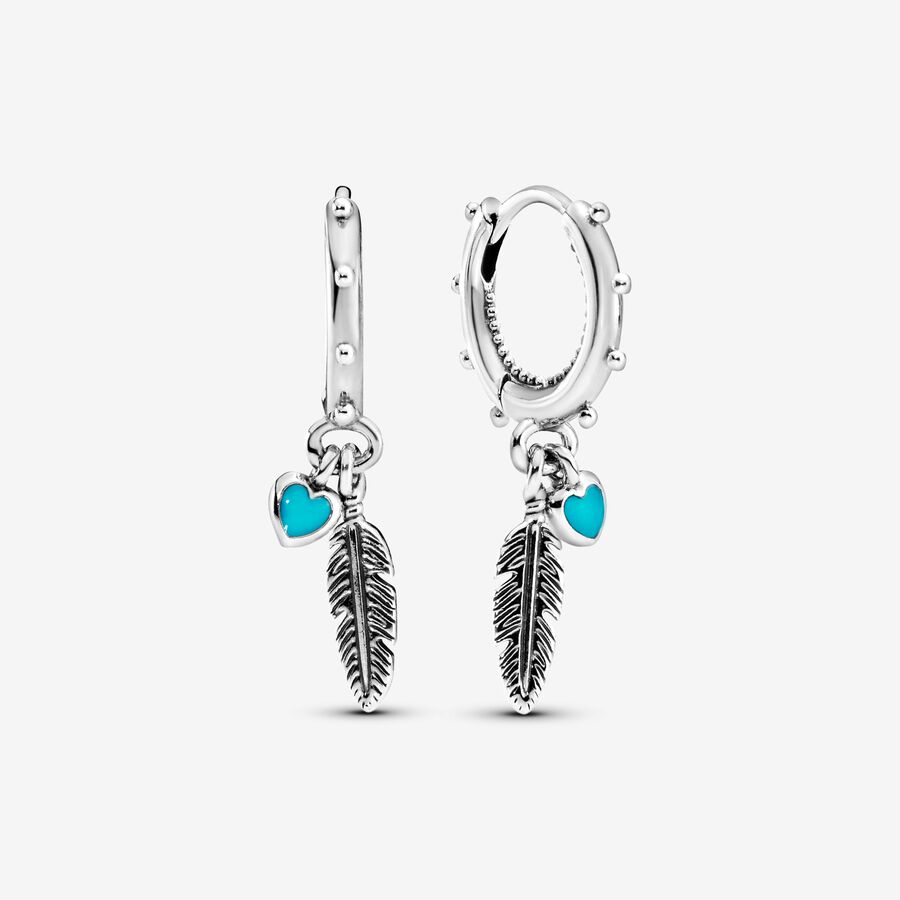 Feather silver hoop earrings with turquoise enamel image number 0