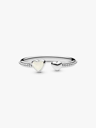 Open heart silver ring with silver enamel
