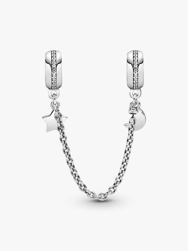 Moon and star silver safety chain with clear cubic zirconia