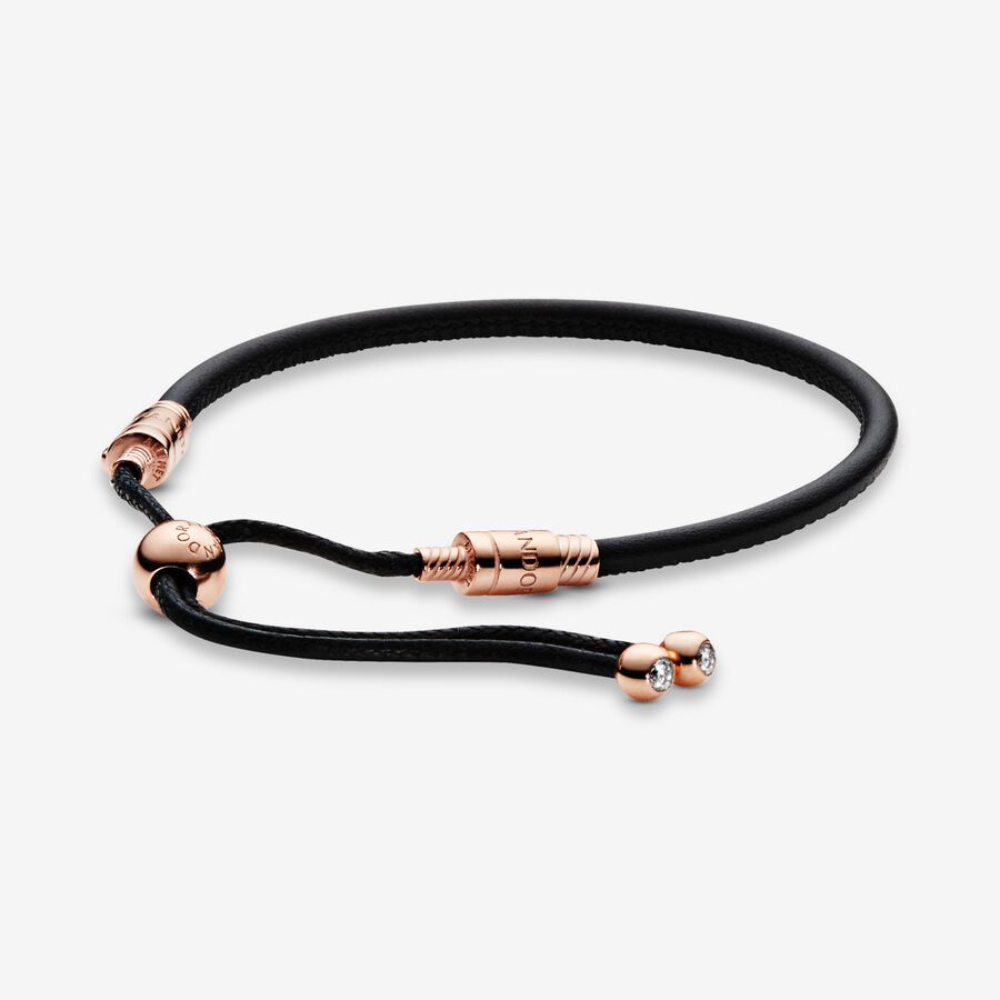 14k Rose gold-plated sliding bracelet in black leather, waxed cord with clear cubic zirconia image number 0