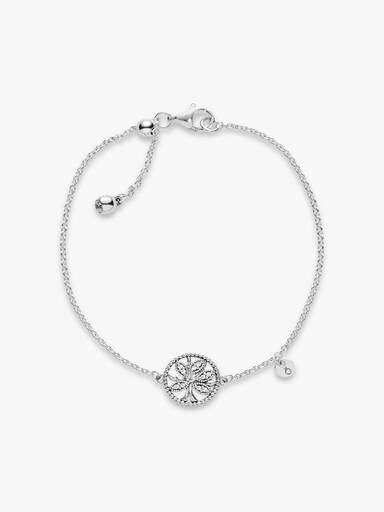 Family tree silver bracelet with clear cubic zirconia and white enamel