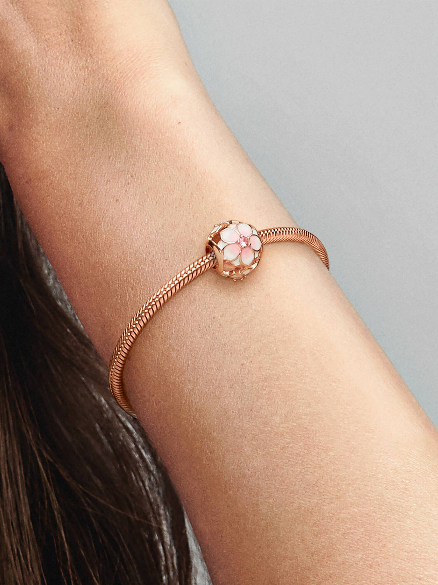 Magnolia 14k rose gold-plated charm with blush pink crystal, white and shaded pink enamel