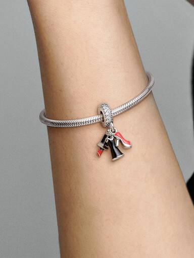 Shoe, dress and lipstick silver dangle with clear cubic zirconia, red and black enamel