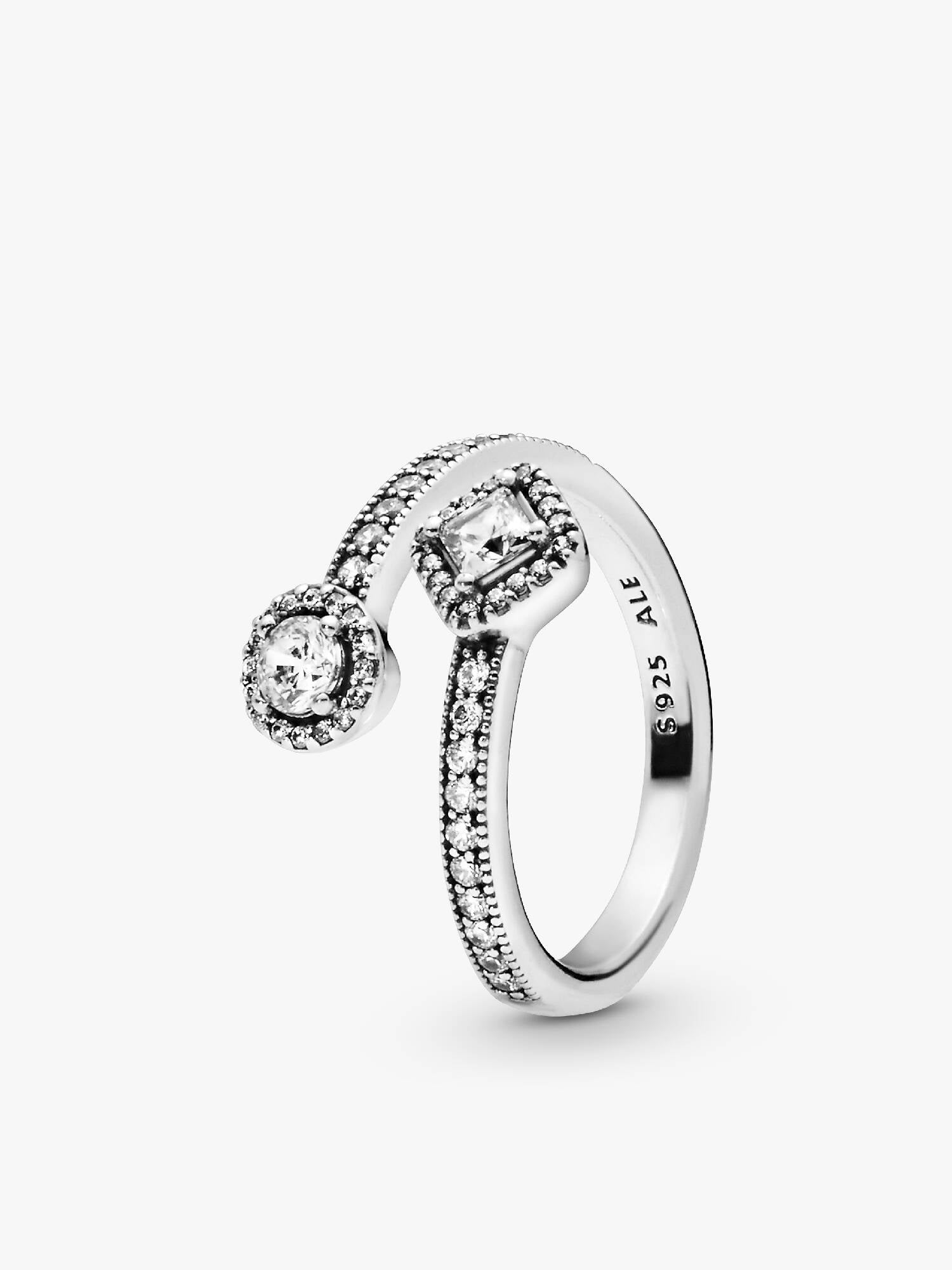 Open silver ring with clear cubic zirconia