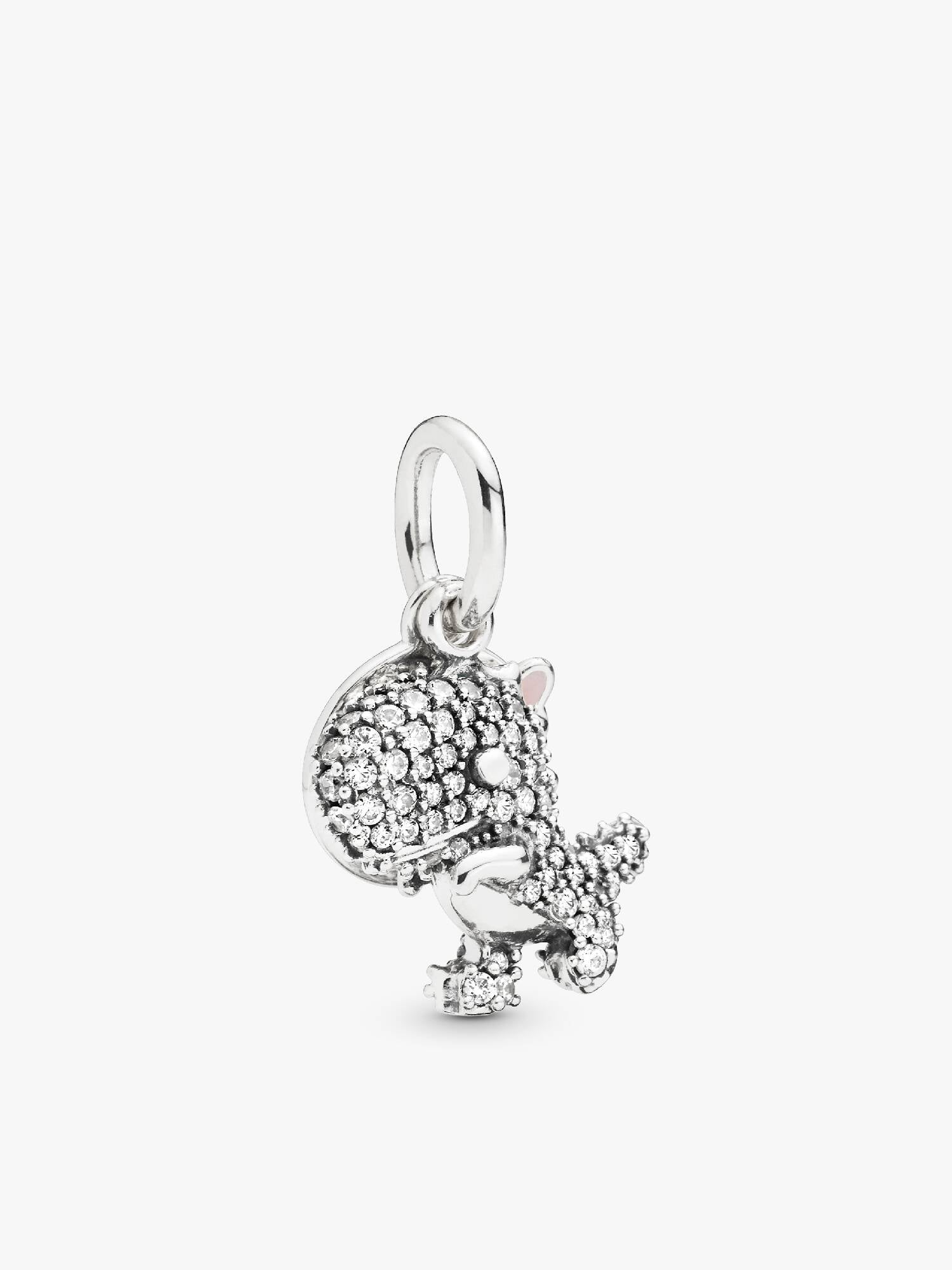 Dinosaur silver dangle with clear cubic zirconia and pink enamel