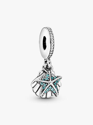 Starfish and shell silver dangle with frosty mint cubic zirconia and clear cubic zirconia