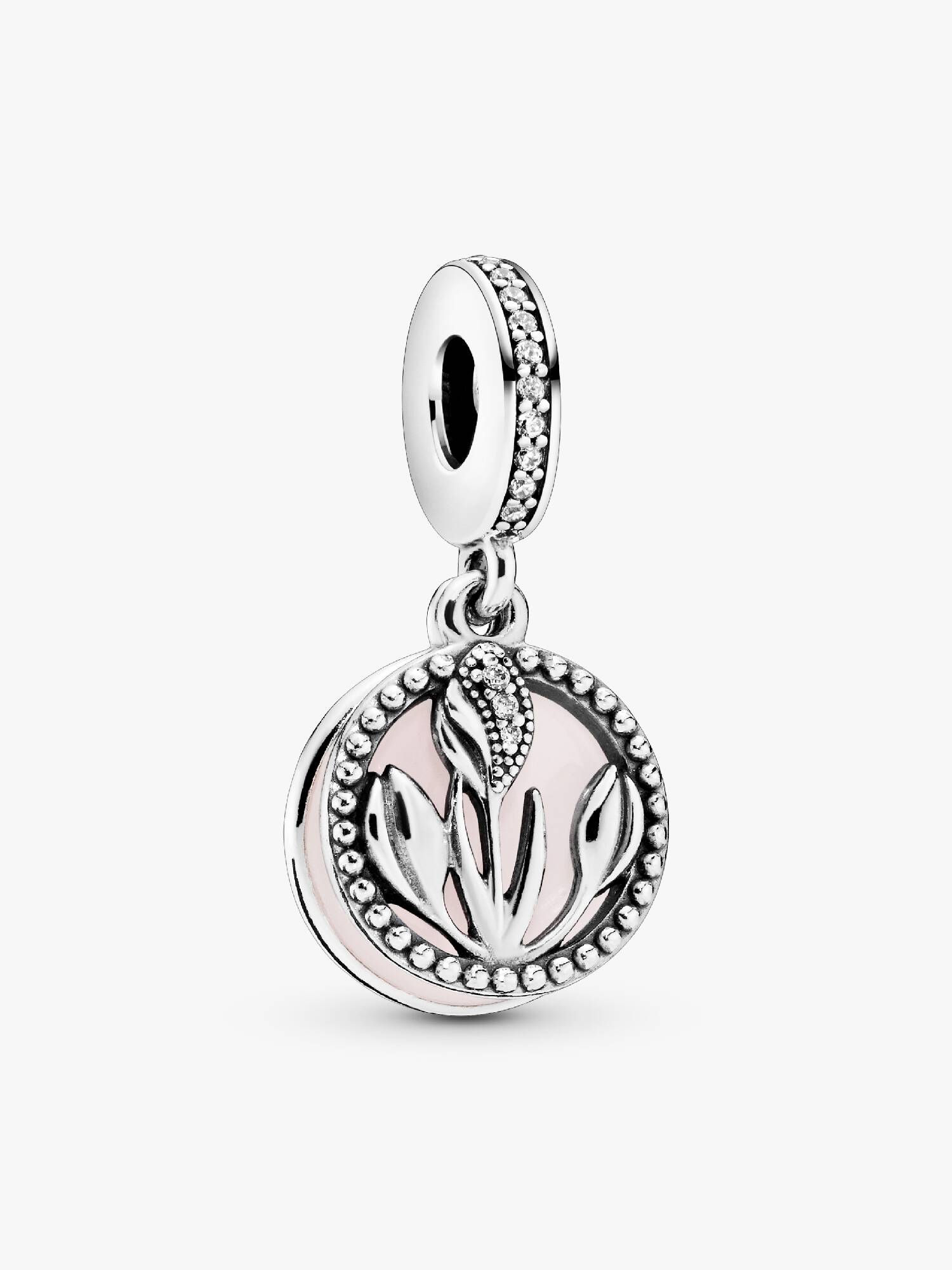Tulip silver dangle with clear cubic zirconia, white and shaded pink enamel