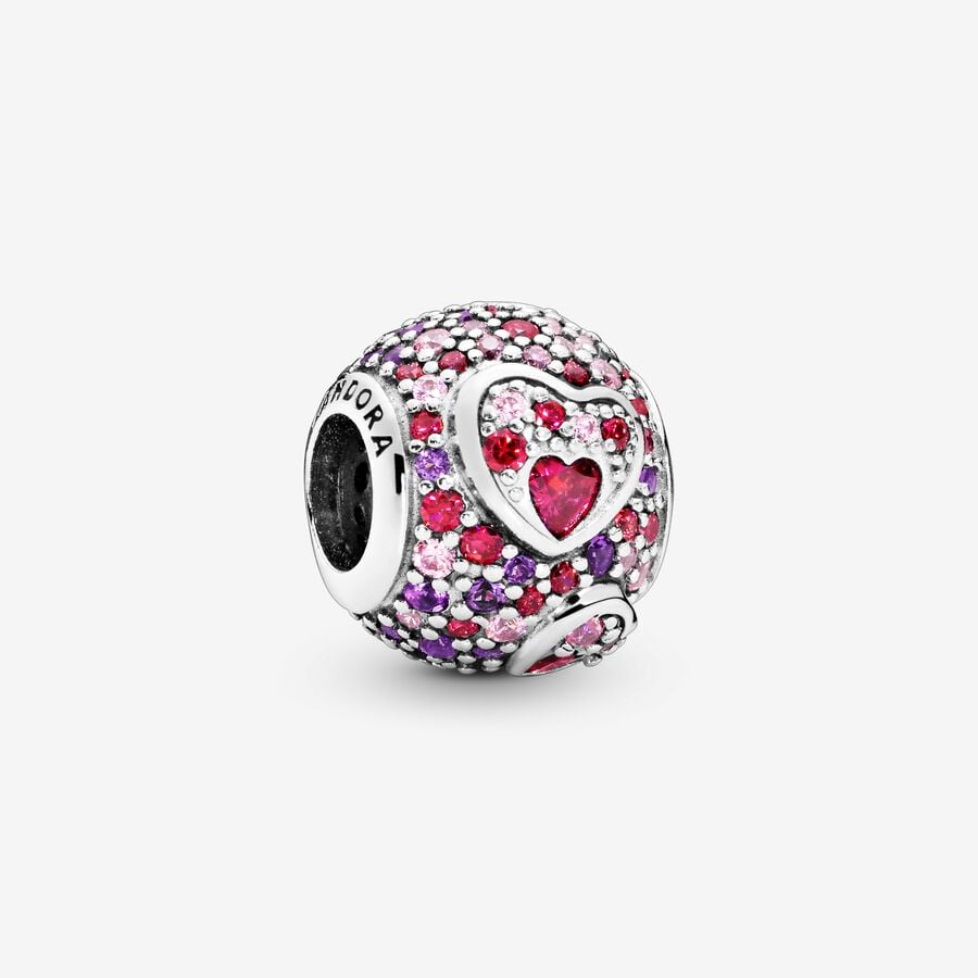 Heart silver charm with red and pink cubic zirconia and royal purple crystal image number 0