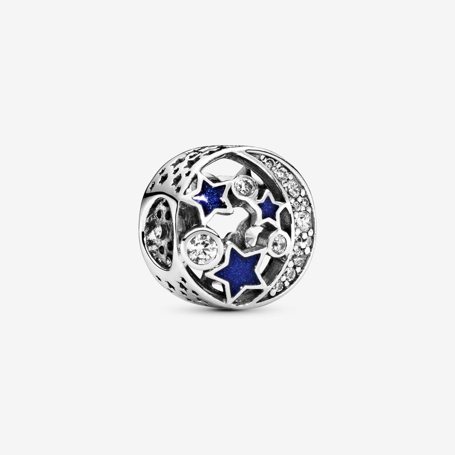 Moon and star silver charm with clear cubic zirconia and blue enamel image number 0