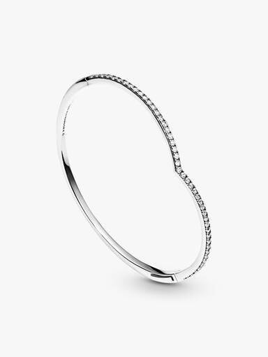 Wishbone silver bangle with clear cubic zirconia