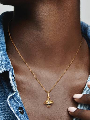 Bee 14k gold-plated pendant with black enamel and clear cubic zirconia