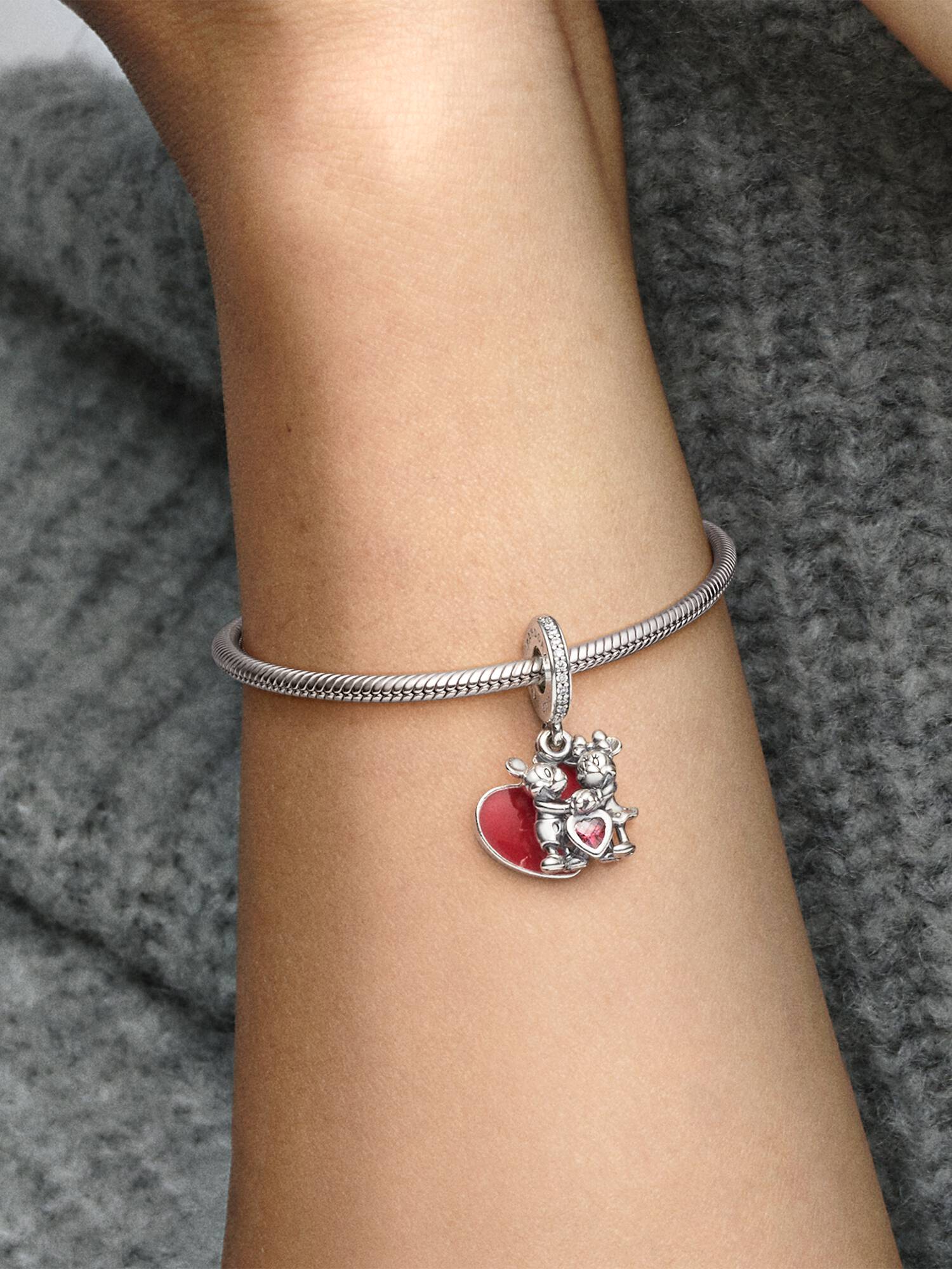 Disney Mickey, Minnie and heart silver dangle with red and clear cubic zirconia and red enamel