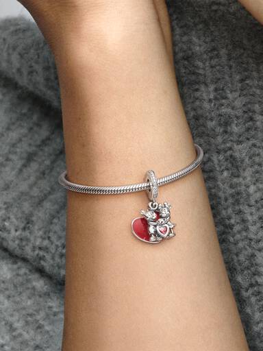 Disney Mickey, Minnie and heart silver dangle with red and clear cubic zirconia and red enamel