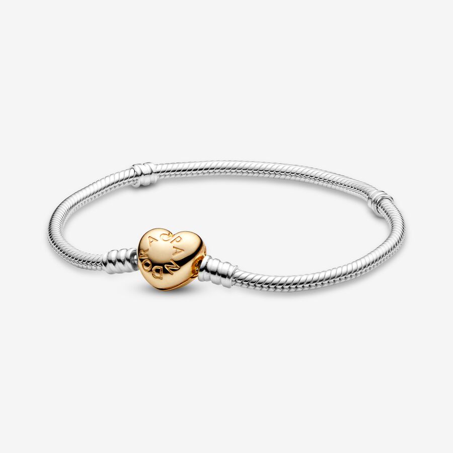 Silver bracelet with heart-shaped 14k gold-plated clasp image number 0
