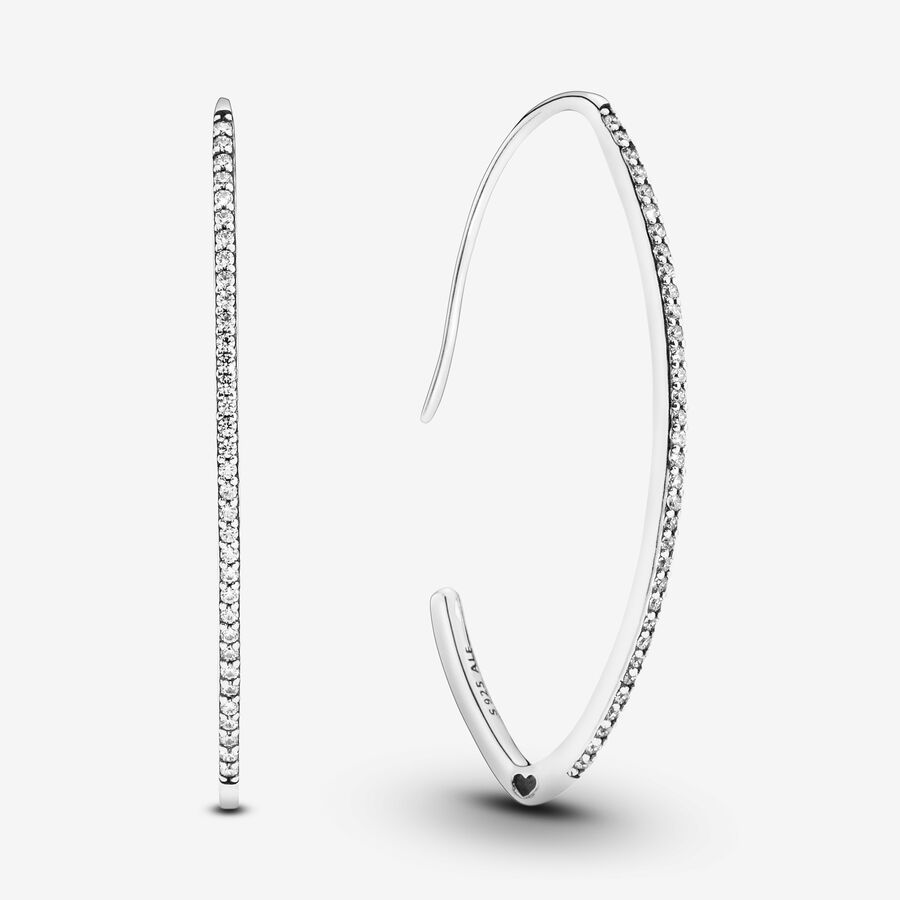Silver oval hoop earrings with clear cubic zirconia image number 0