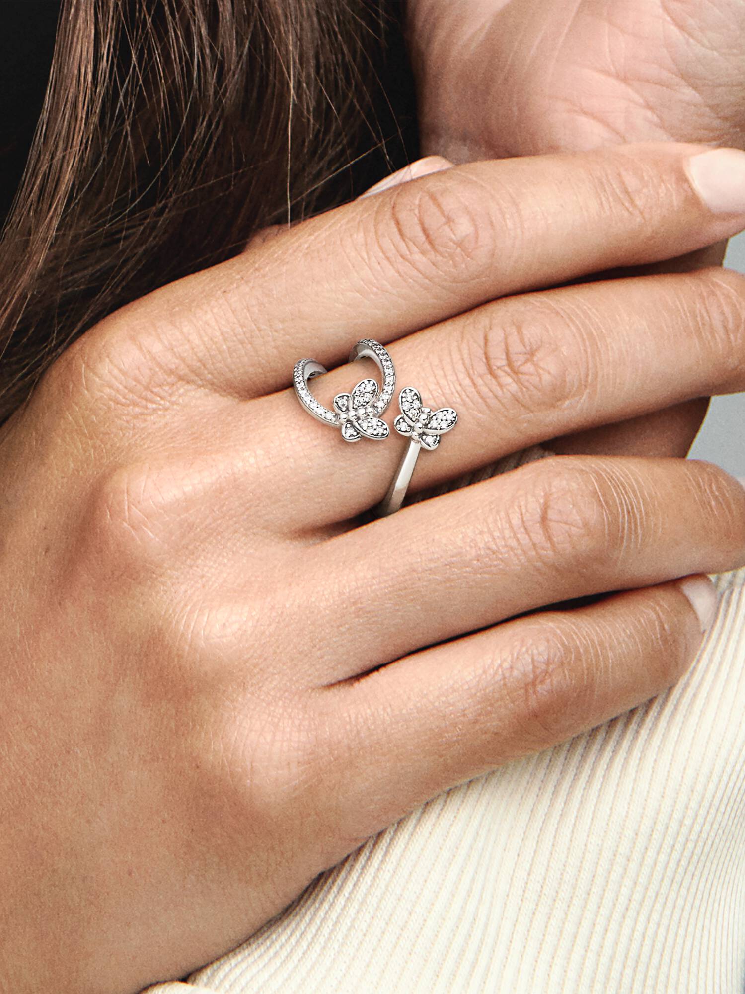 Butterfly silver open ring with clear cubic zirconia