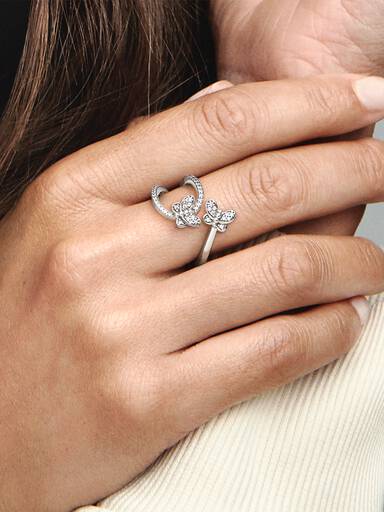 Butterfly silver open ring with clear cubic zirconia