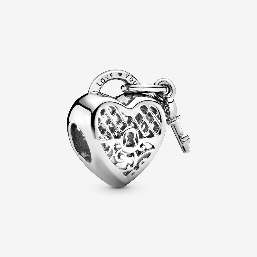 Heart padlock and key silver charm image number 0