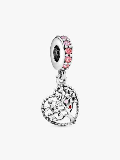 Family tree heart silver dangle with red and pink enamel and mixed pink stones