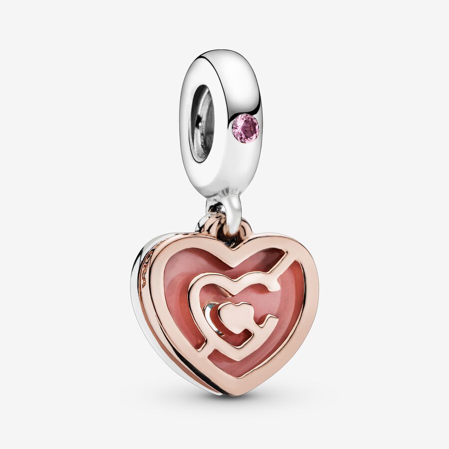 Labyrinth heart 14k rose gold-plated and silver dangle with blush pink crystal and pink enamel image number 0