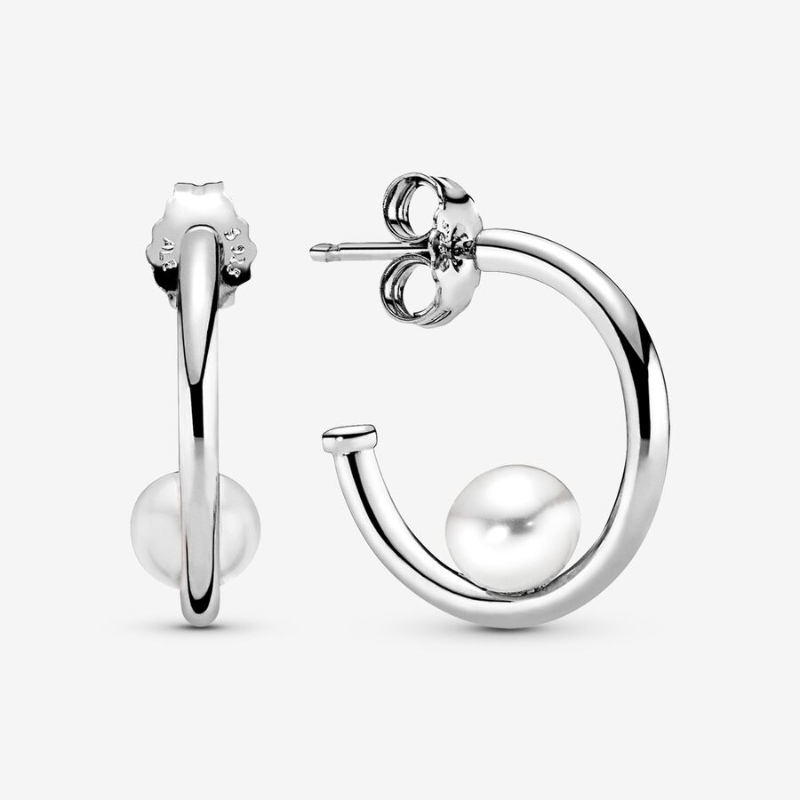 Silver hoop earrings with white freshwater cultured pearl image number 0