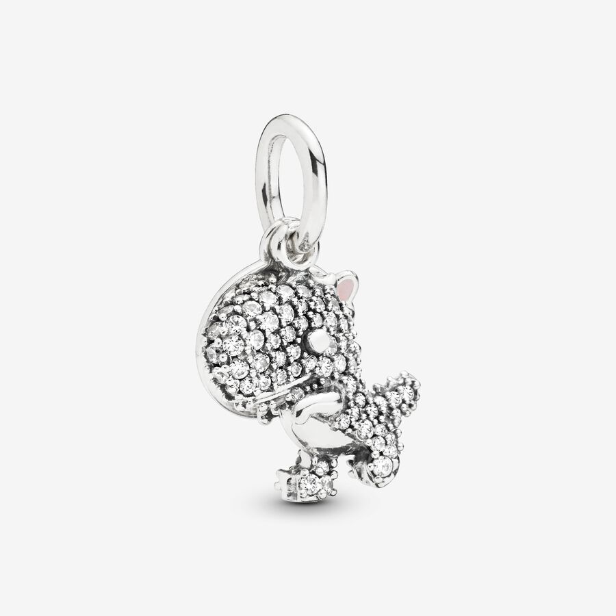 Dinosaur silver dangle with clear cubic zirconia and pink enamel image number 0