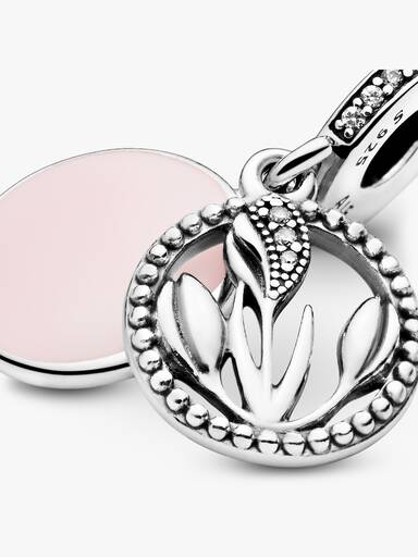 Tulip silver dangle with clear cubic zirconia, white and shaded pink enamel