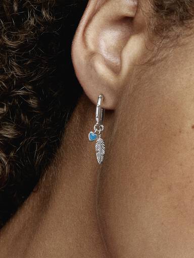 Feather silver hoop earrings with turquoise enamel