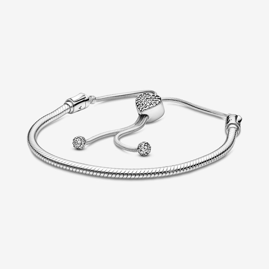 Pandora Moments Pavé Heart Clasp Snake Chain Slider Bracelet image number 0