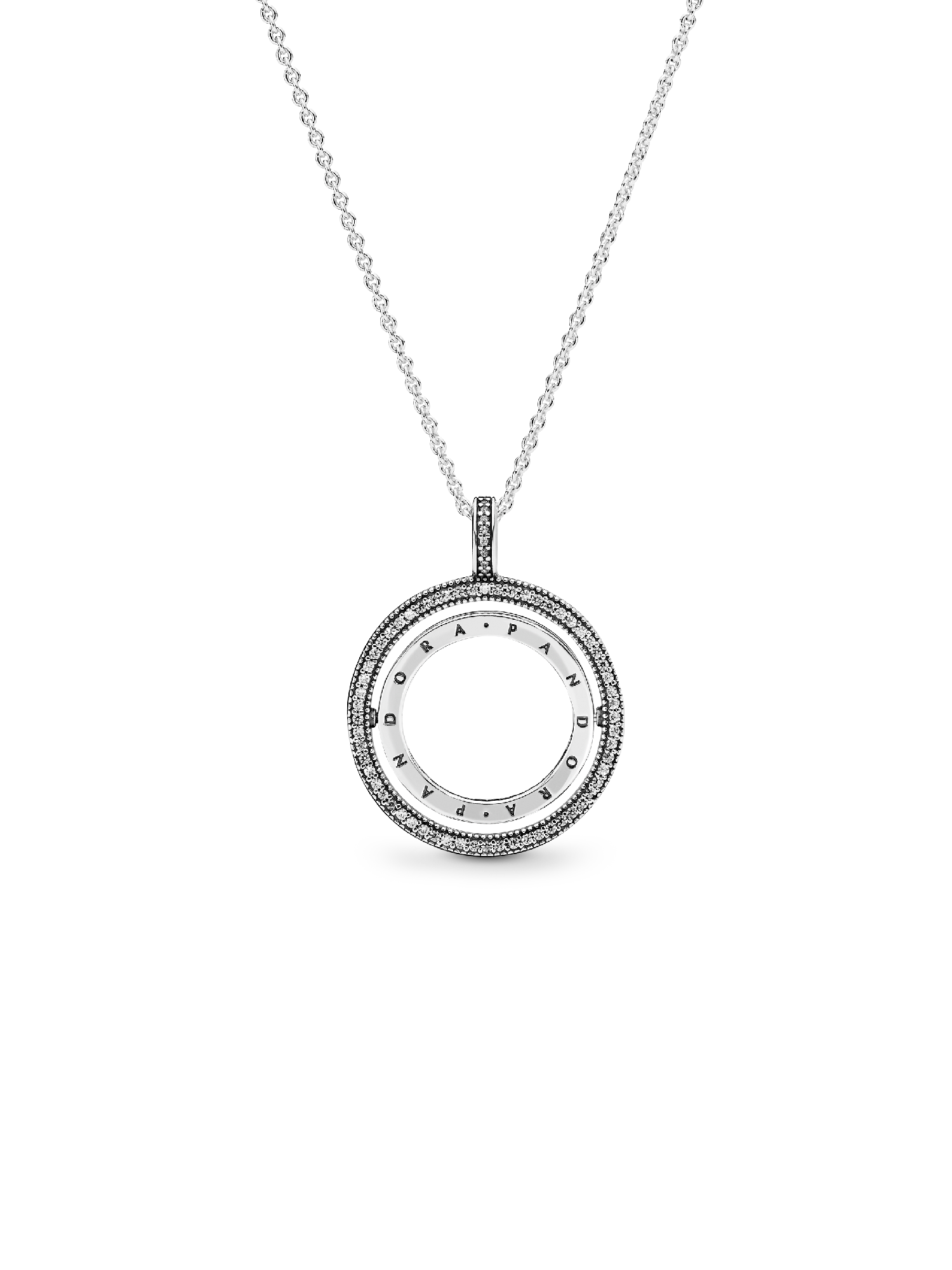 PANDORA logo spinning silver pendant with clear cubic zirconia and