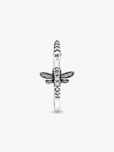 Dragonfly sterling silver open ring with clear cubic zirconia