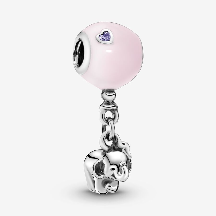 Balloon and elephant silver charm with pink enamel and royal purple crystal image number 0