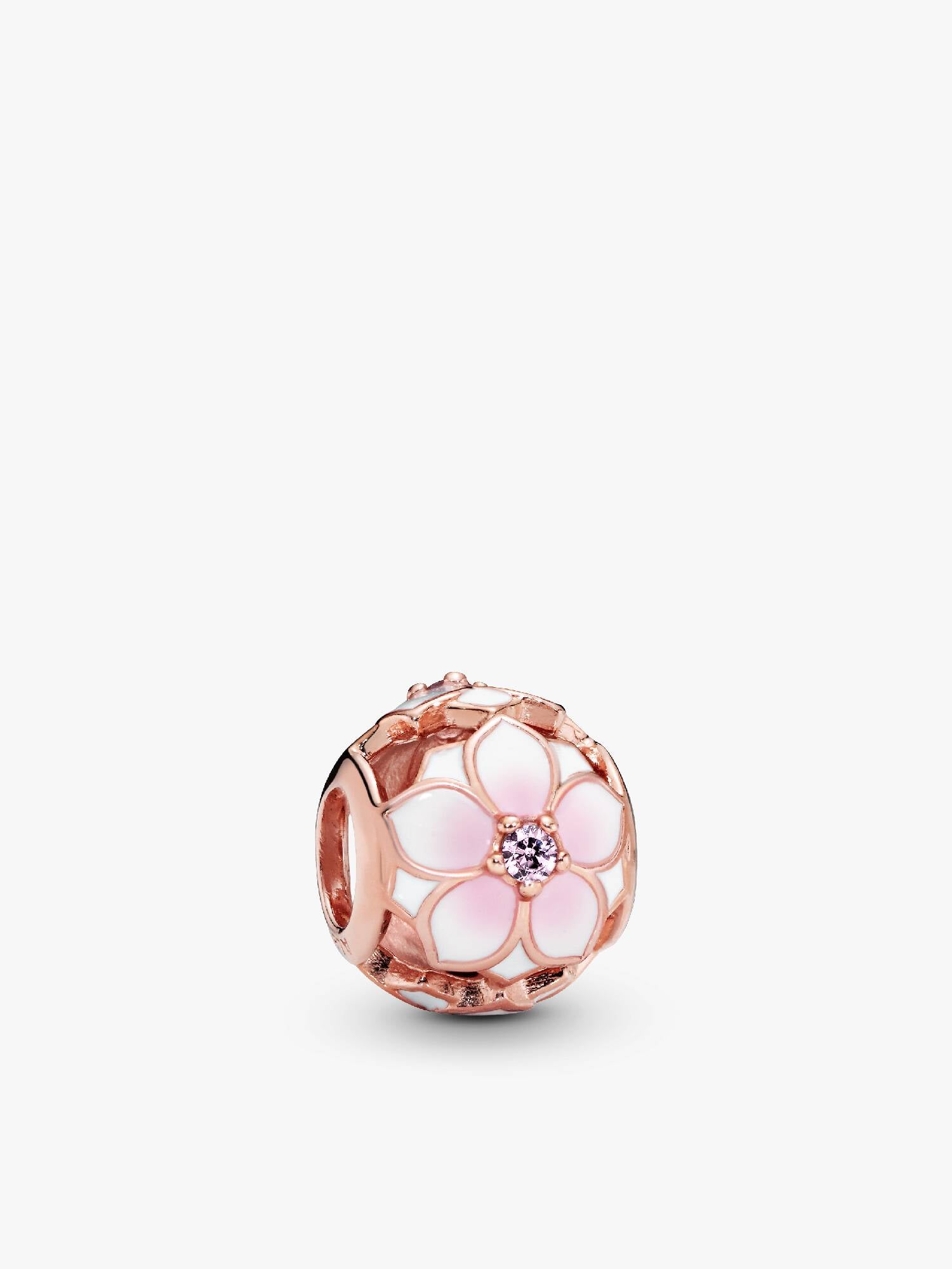 Magnolia 14k rose gold-plated charm with blush pink crystal, white and shaded pink enamel
