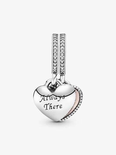 Double heart silver dangle with pink enamel and clear cubic zirconia