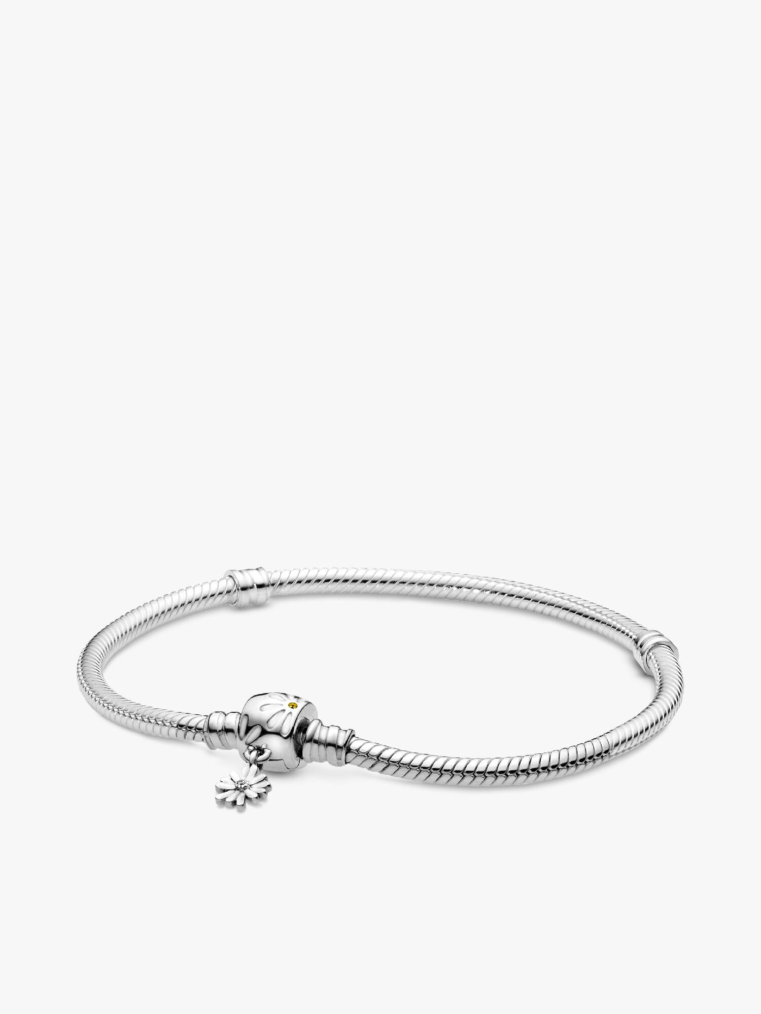 Snake chain sterling silver bracelet and daisy clasp with yellow crystal, clear cubic zirconia and white enamel