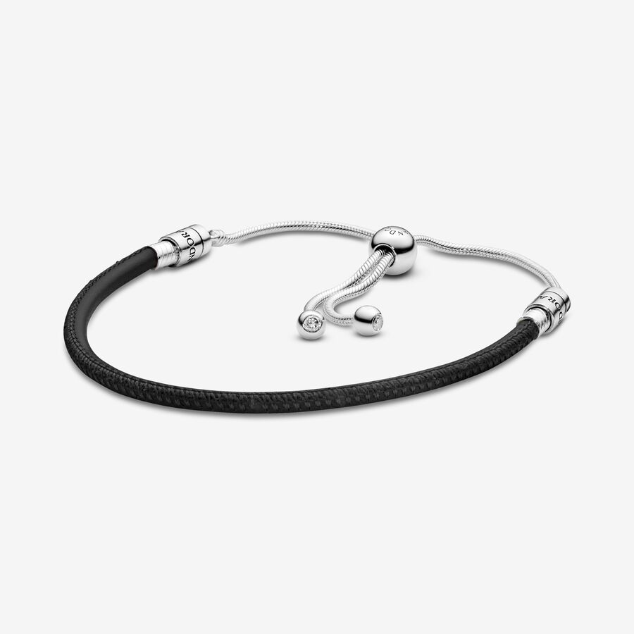 Silver sliding bracelet with black leather and clear cubic zirconia image number 0