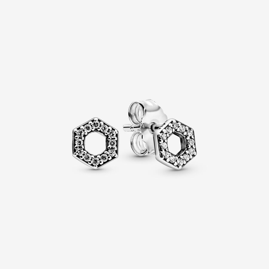 Hexagon sterling silver stud earrings with clear cubic zirconia image number 0