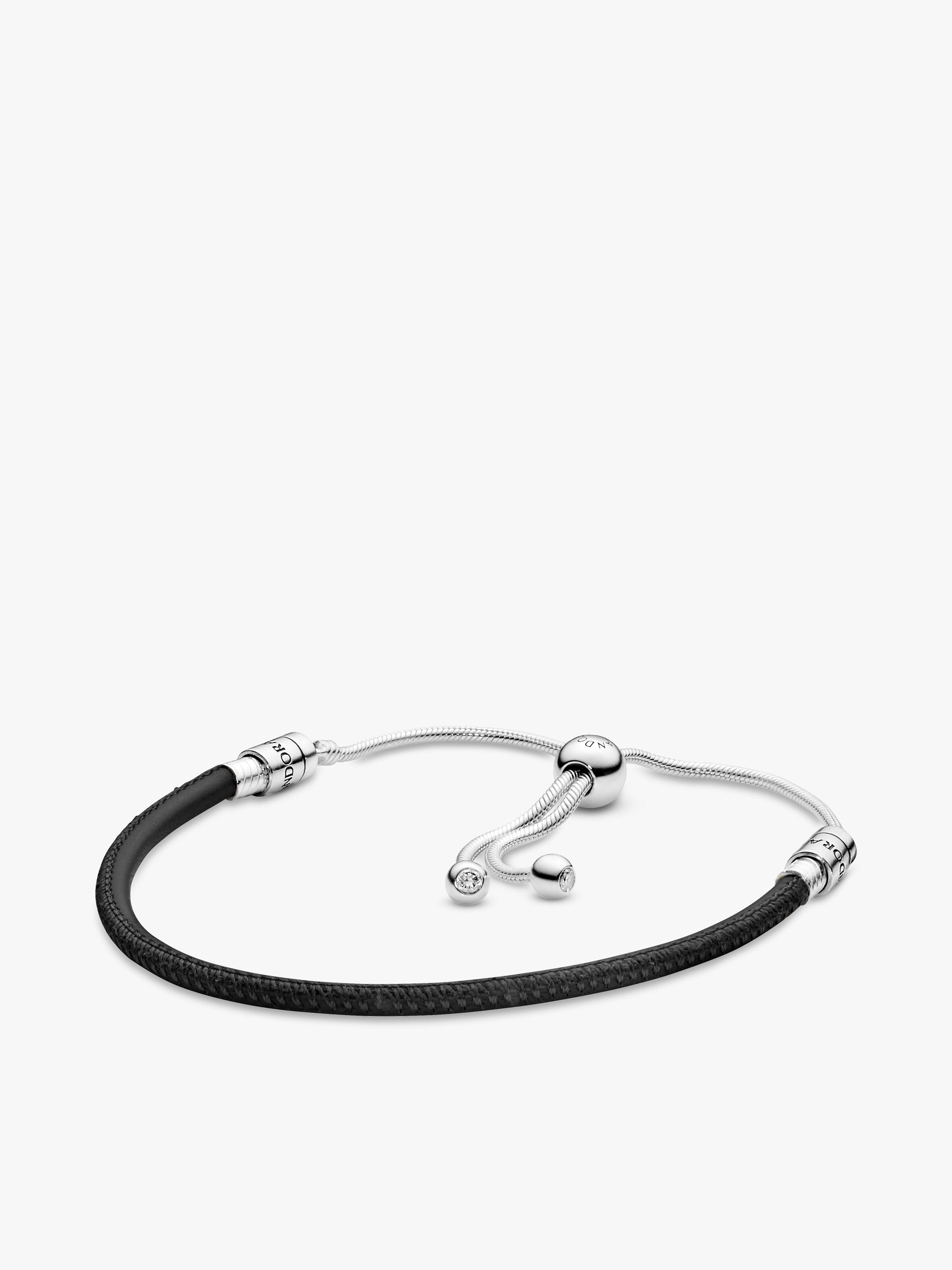 Silver sliding bracelet with black leather and clear cubic zirconia