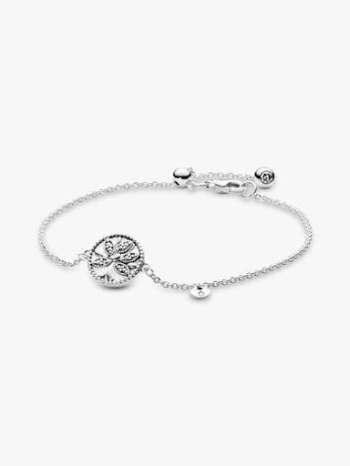 Family tree silver bracelet with clear cubic zirconia and white enamel