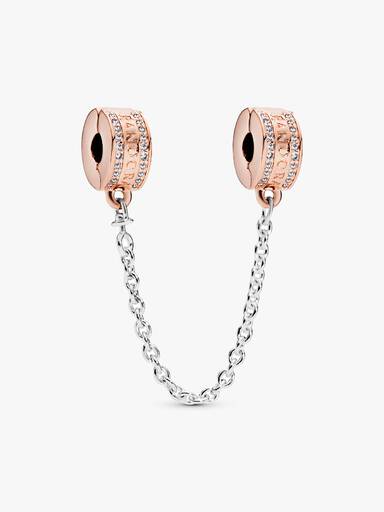 14k Rose gold-plated logo safety chain with clear cubic zirconia, silicone grip and silver chain