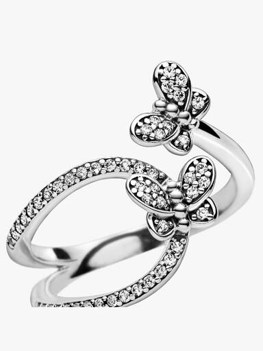 Butterfly silver open ring with clear cubic zirconia