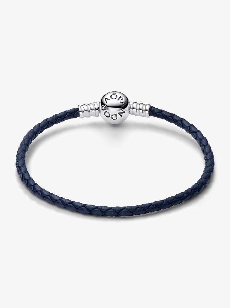 Pandora Moments Round Clasp Blue Braided Leather Bracelet