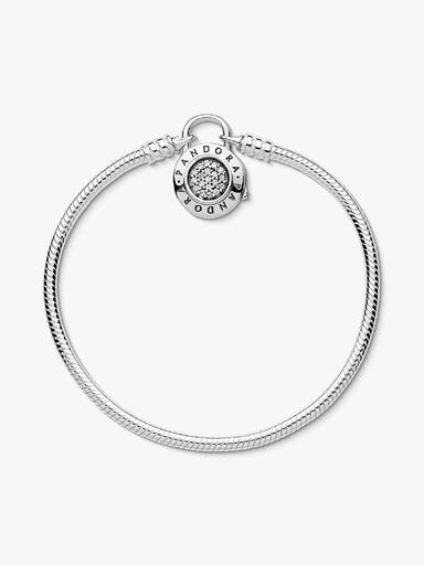 Snake chain silver bracelet and PANDORA logo padlock clasp with clear cubic zirconia