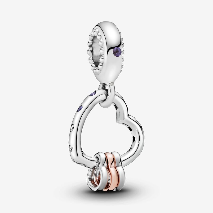Heart silver and 14k rose gold-plated dangle with lilac crystal, royal purple crystal and clear cubic zirconia image number 0