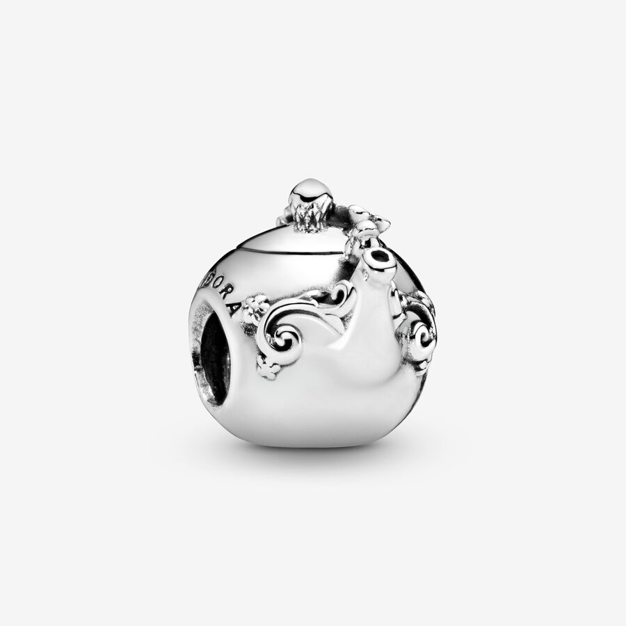 Teapot silver charm with clear cubic zirconia and pink enamel image number 0