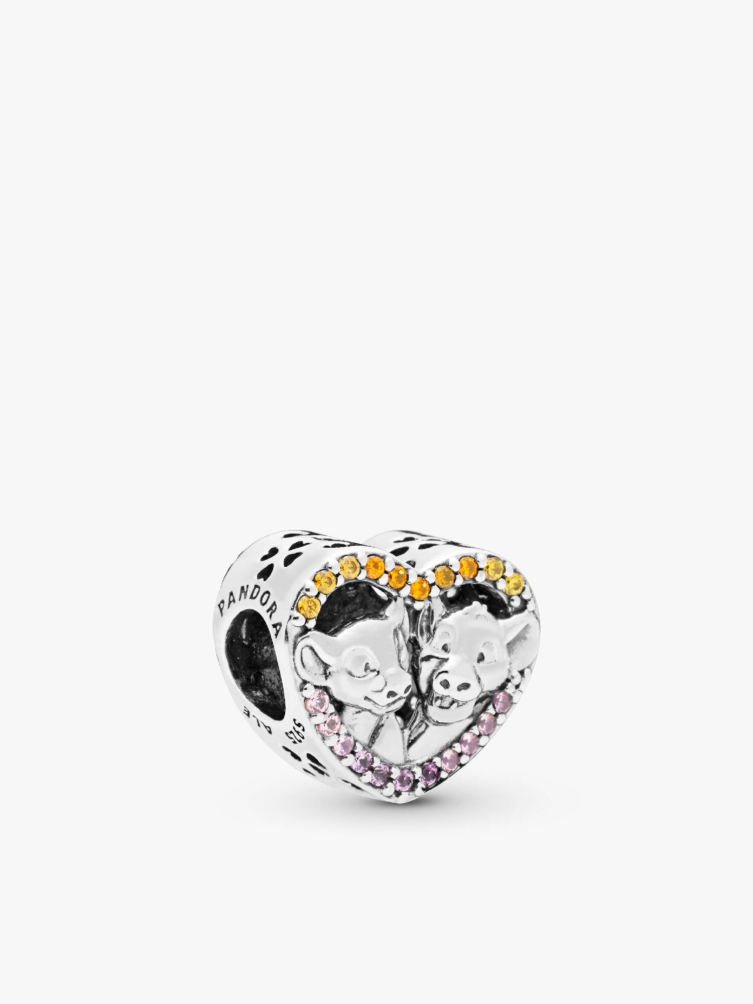Disney Simba and Nala silver heart charm with rose pink crystal, orange and honey CZ and synthetic pink sapphire