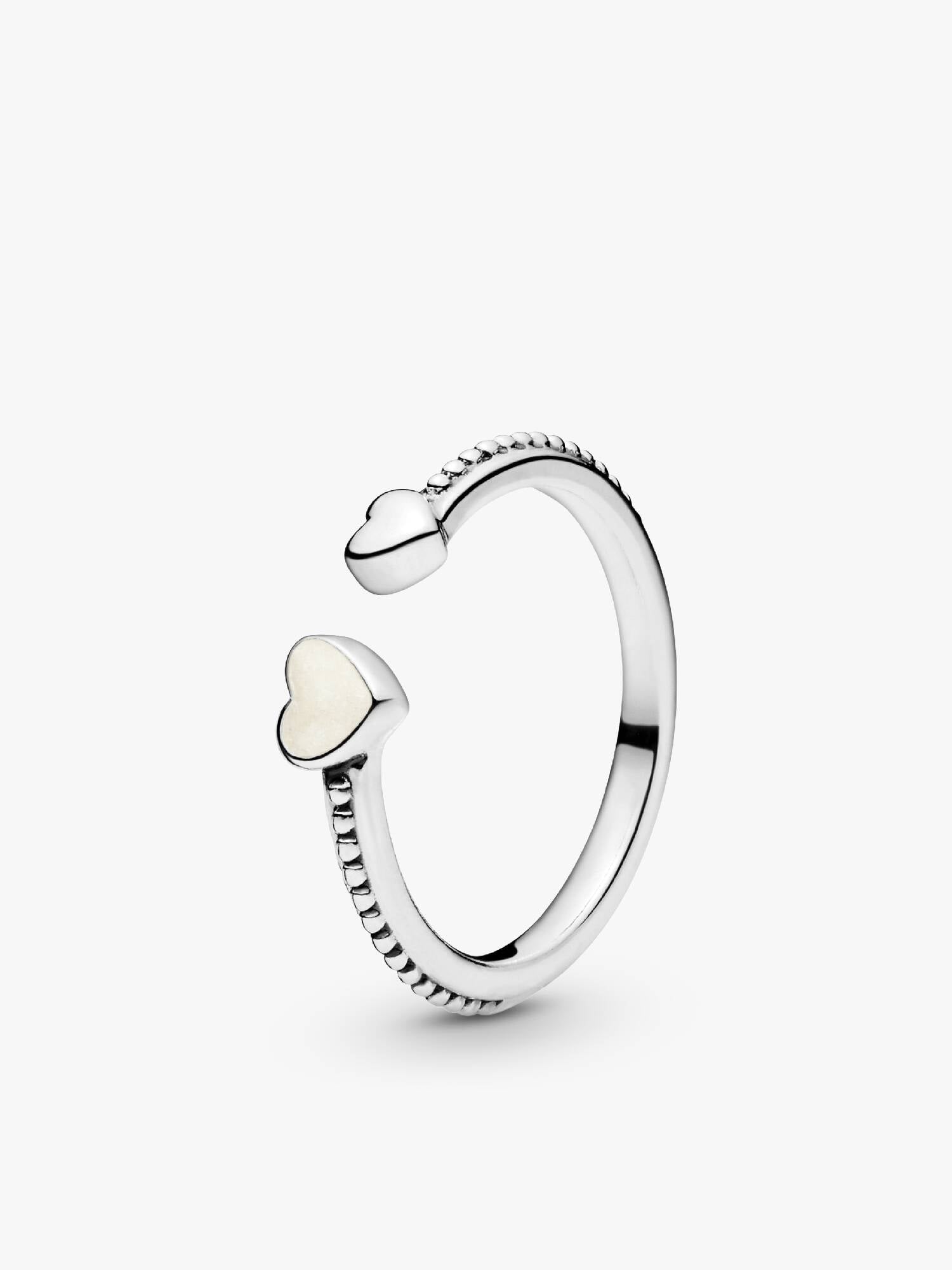 Open heart silver ring with silver enamel