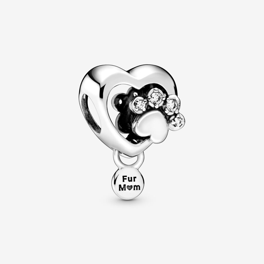 Paw heart sterling silver charm with clear cubic zirconia image number 0