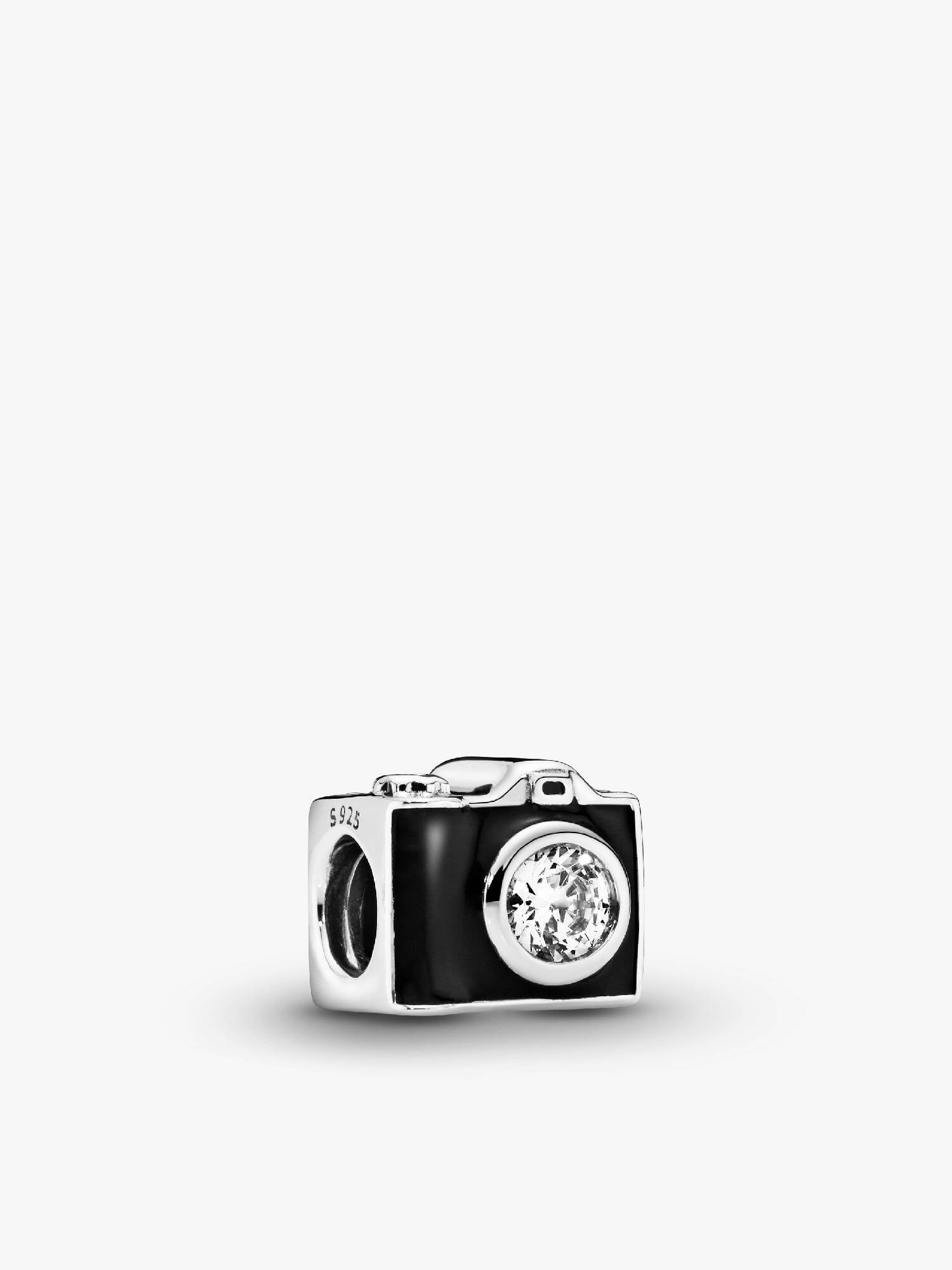 Camera silver charm with black enamel and cubic zirconia