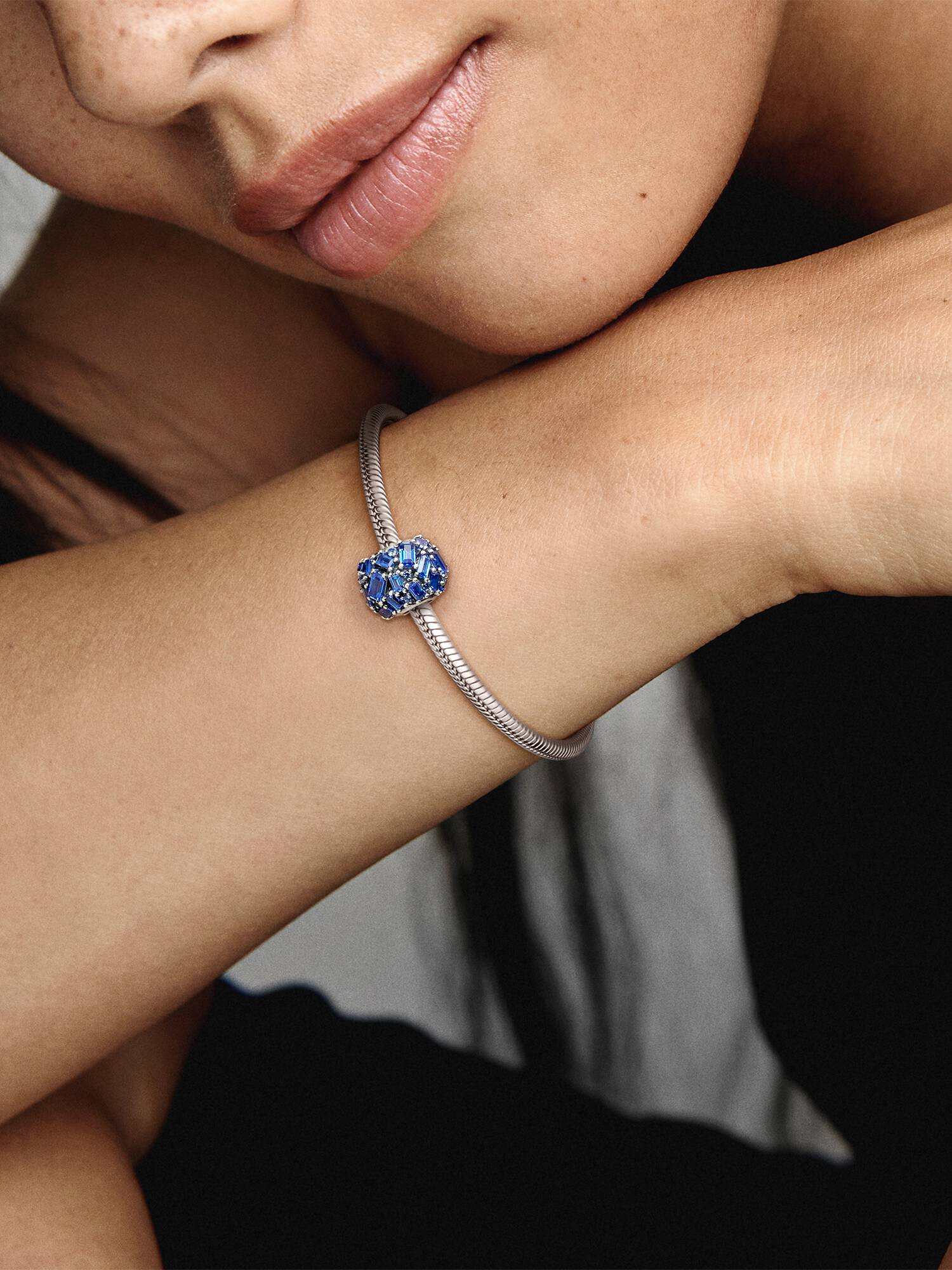 Ice cube silver charm with sea blue crystal